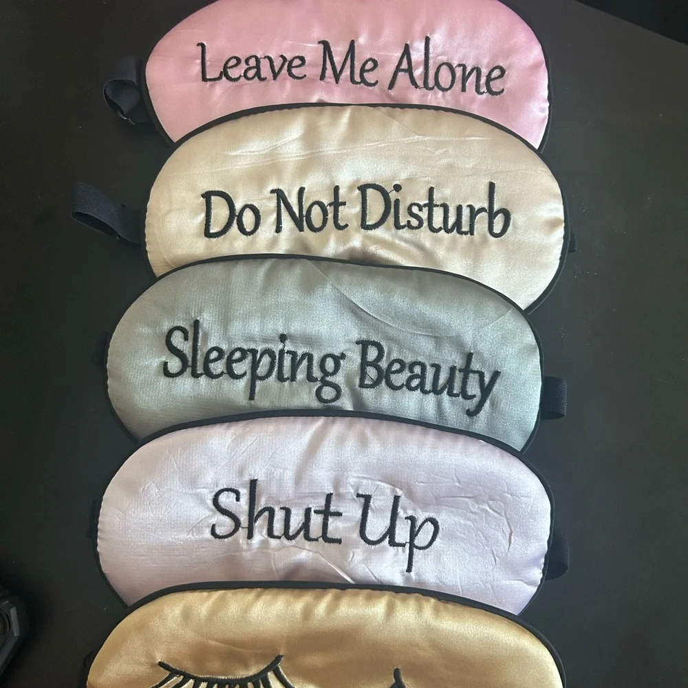 Set of Satin Sleep Masks with Embroidered Phrases - Assorted Pastel Colors